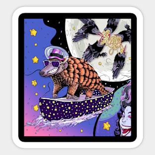 90's style pangolin riding boat in the skies Sticker